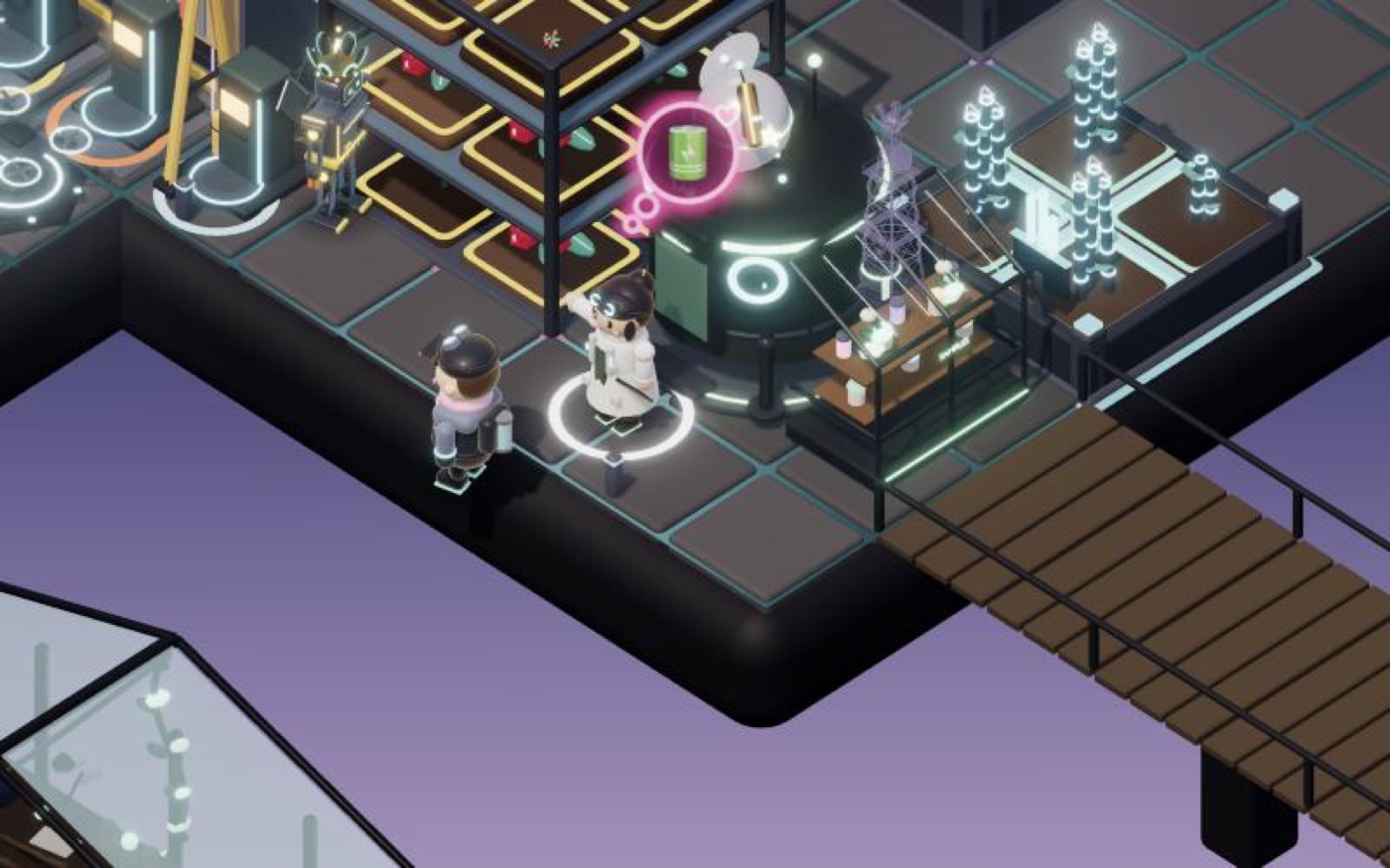 Iris's lab pod with glowing equipment next to a wooden bridge