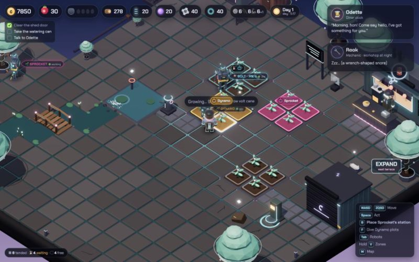 The farm with garden plots tinted in each robot's colour, showing who tends what