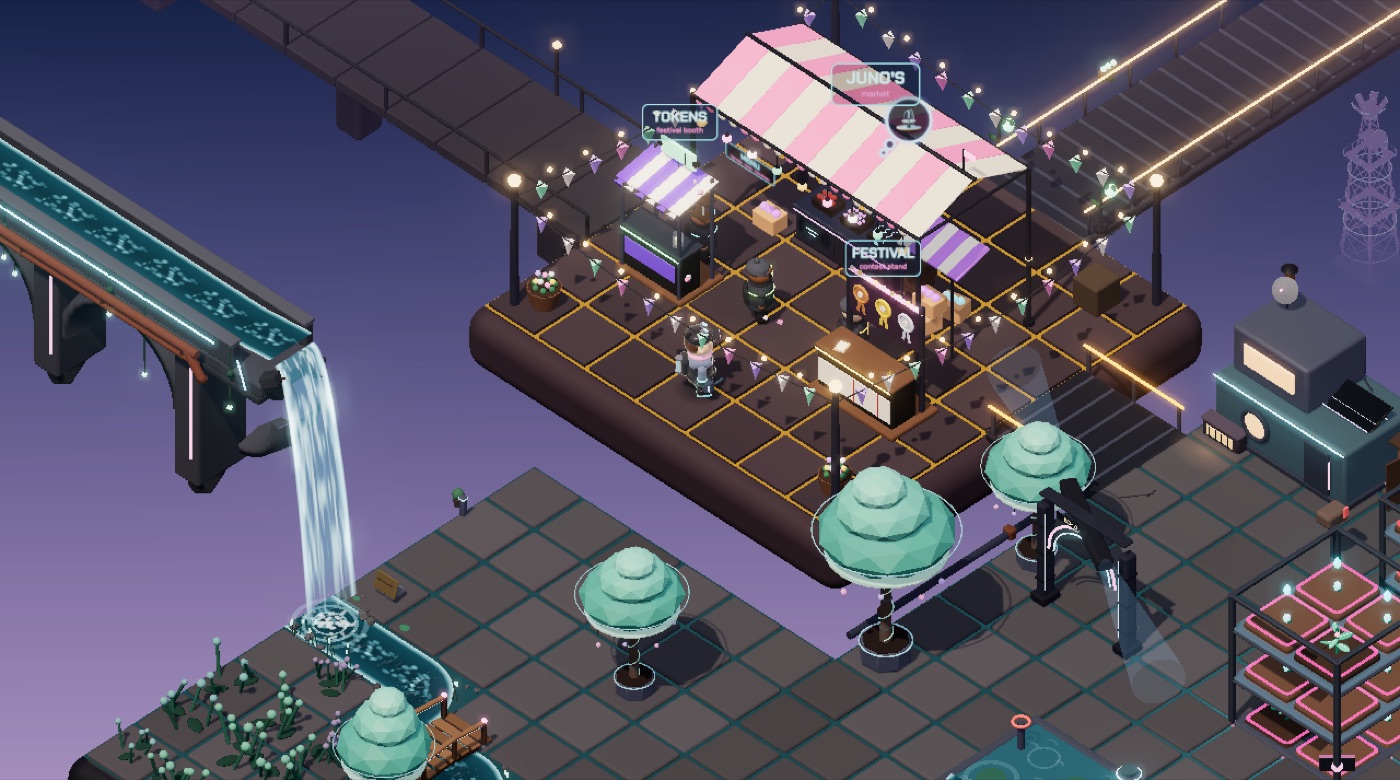 The spring festival on the market plaza, with striped tents next to the waterfall