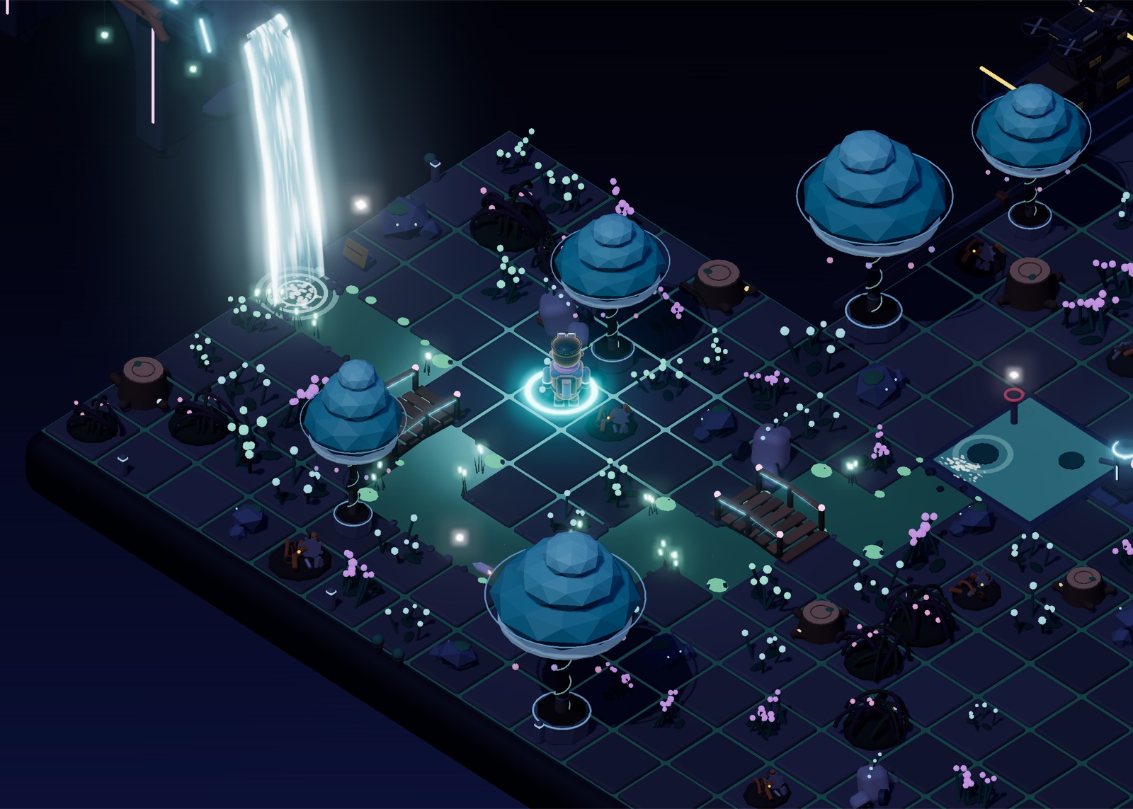 An isometric neon island at night, with a waterfall and glowing plants